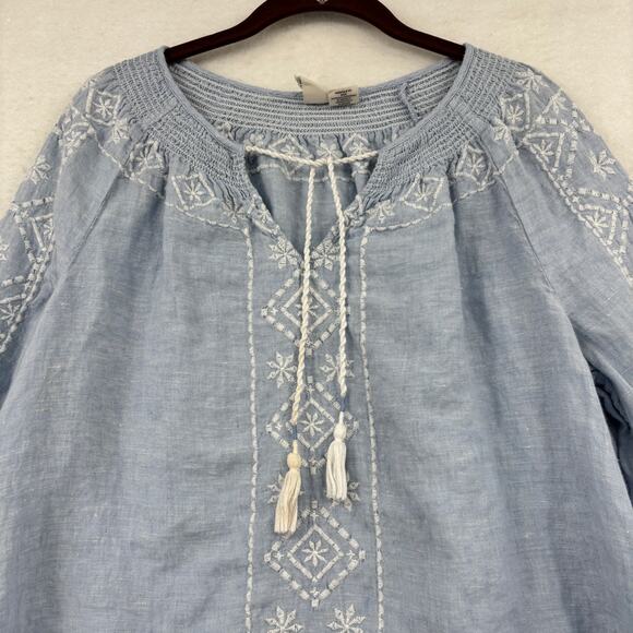Joie Embroidered Linen Blouse Top Size L Blue Tassel Tie Boho Peasant Bohemian - Picture 2 of 9